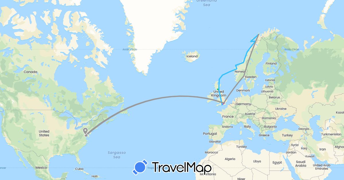 TravelMap itinerary: bus, plane, train, boat in United Kingdom, Norway, United States (Europe, North America)